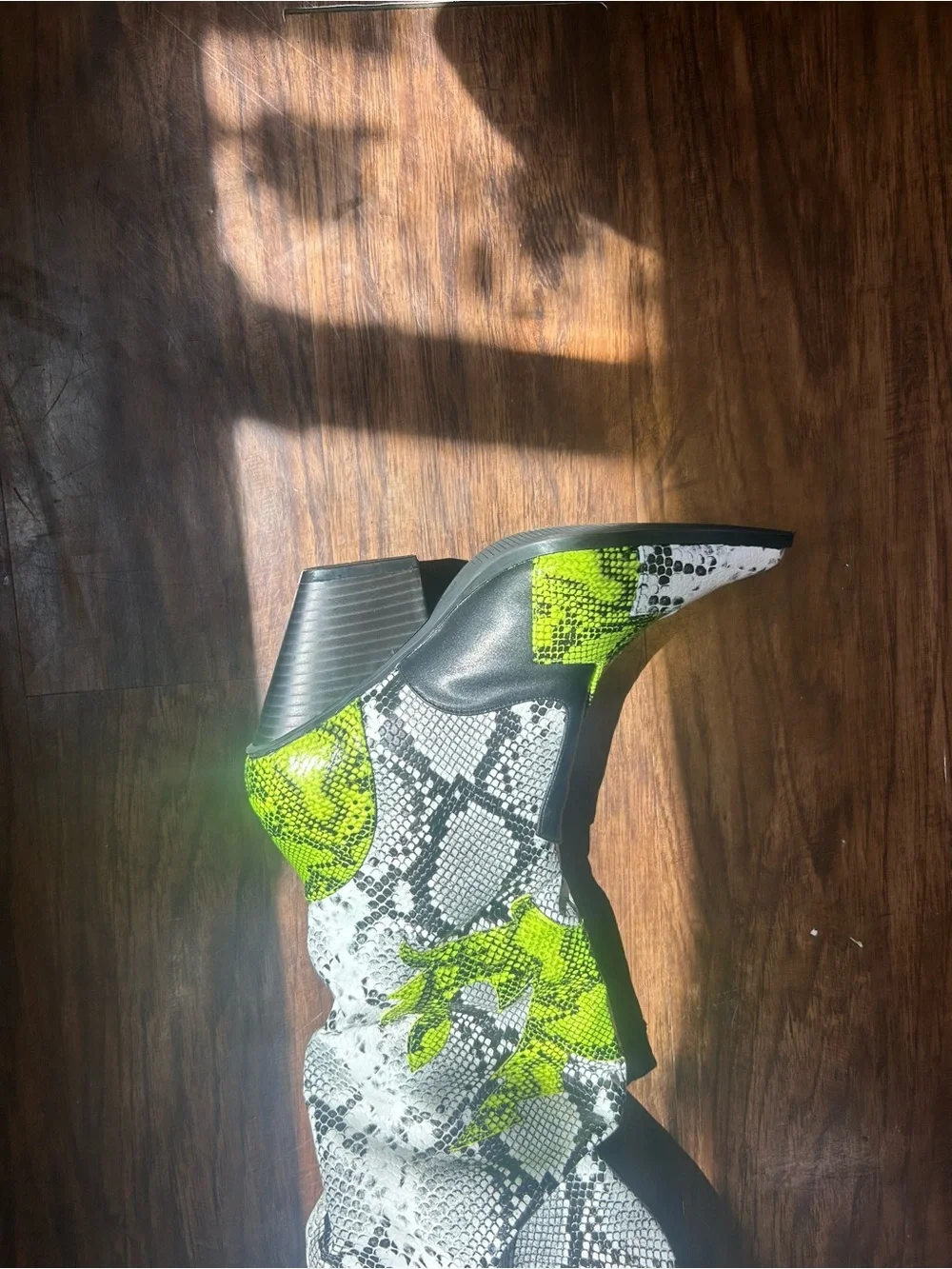Cape Robbin Black, White & Neon Green Snake-Print Ankle Boots